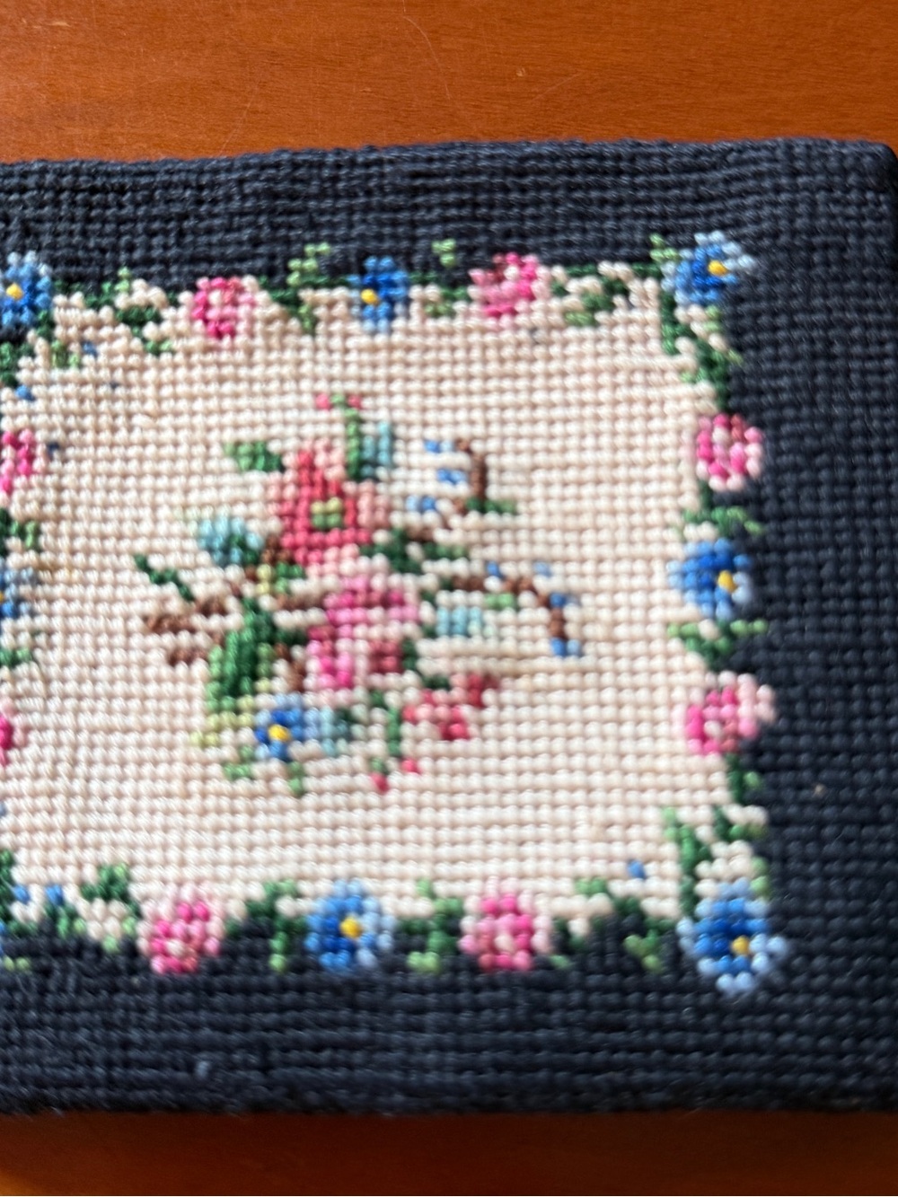 Hand-Embroidered Floral Needlepoint Canvas in black and Cream Coin Purse